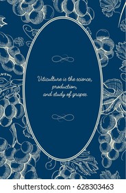 Abstract natural blue background with oval frame text and bunches of grapes in sketch style vector illustration
