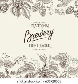 Afiche de luz botánica natural abstracto con inscripciones calligráficas y plantas de hierbas de lúpulo de cerveza en ilustración vectorial de estilo vintage