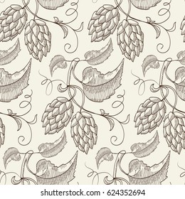 Abstract natural botanical sketch seamless pattern with repeating beer herbal hop plants on light background vector illustration
