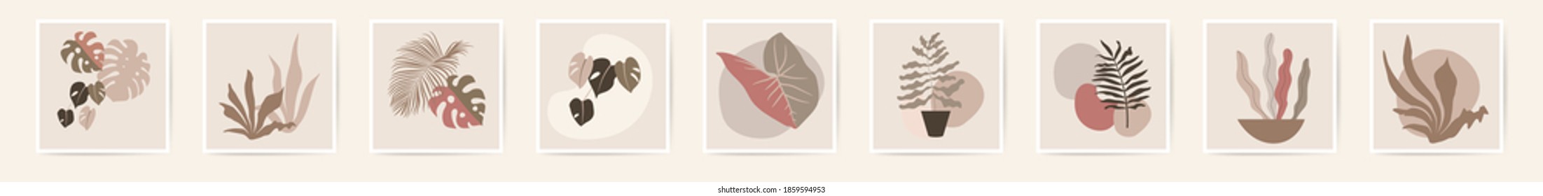 Abstract natural botanical wall art posters. Fluid organic foliage shapes in neutral colors. Minimal floral prints. Mid Century Modern design wall art. Retro plant vector EPS10 tropical illustration