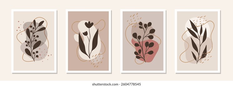 Abstract natural botanical wall art posters. Fluid organic foliage shapes in neutral colors. Minimal floral prints. Mid Century Modern design wall art. Retro plant vector EPS10 tropical illustration
