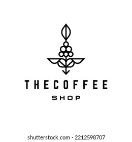 abstract natural coffee logo concept, coffee bean plant branch hipster minimal logo vector with leaf simple line outline icon for natural cafe concept