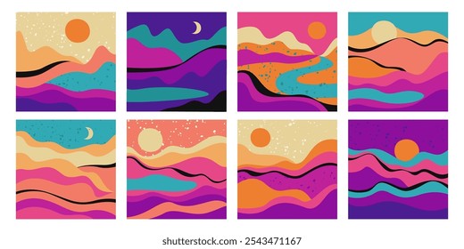 Abstrakte natürliche bunte Landschaft mit Panorama Tag und Nacht Szene friedliche Kurve Horizont der Hügel und Berge Design. Friedliche Natur und Ruhe Panorama für Reisen Vektorgrafik