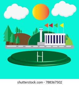 Abstract Natural Design Scenes Vector Vineyard or Village City illustration with mountains and hills. There is a helipad.