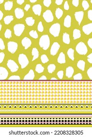 Abstract natural dots seamless repeat pattern with dotted and striped border print. Random placed, animal like stain all over print with geometrical shapes on the bottom motif.