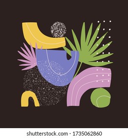 Abstract natural elements. vector illustration poster. Hand drawn colorful collage in retro color. Organic, nature geometric shapes, palm leaf, doodles, grunge texture background. Cool cover design