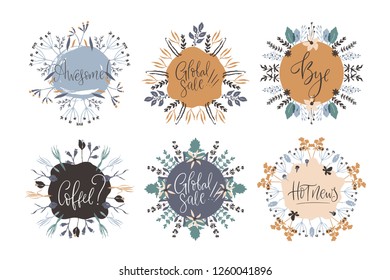 Abstract natural floral frames set with place for your text. Hand drawn with brush and ink. Scandinavian style illustration. Vector.