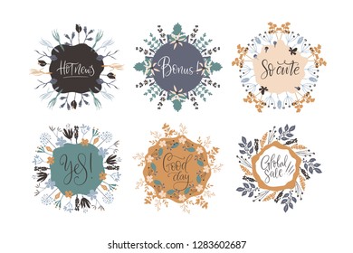 Abstract natural floral frames set with place for your text. Hand drawn with brush and ink. Scandinavian style illustration. Vector.