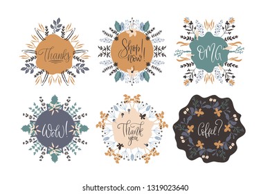 Abstract natural floral frames set with place for your text. Hand drawn with brush and ink. Scandinavian style illustration. Vector.