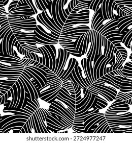 Abstraktes natürliches florales nahtloses Muster. Blatthintergrund: minimale organische Blätter Tropische Tapete mit gestreiften Monstera-Blättern. Minimalistische Vektorgrafik für Stoffdruck-Design