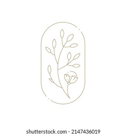 Abstract natural flower with bud, stem and leaves at ellipse hand drawn frame easter or mothers day logo vector illustration. Bloom beauty floral plant for decorative design gardening farm market shop