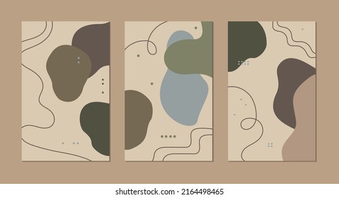 Abstract natural forms vector backgrounds set. Various amorphous shapes, lines and objects. Modern illustrations in muted pastel colors, poster for interior design