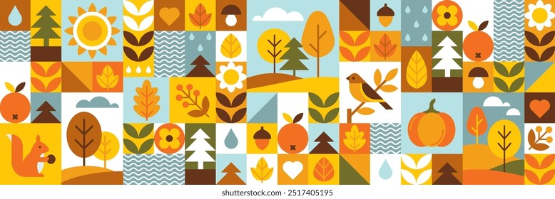 Abstract natural geometric background. Autumn forest, trees, leaves, berries, bird, squirrel, pumpkin, fruits and berries. Set of icons in simple flat style. Seamless pattern. Vector illustration. 