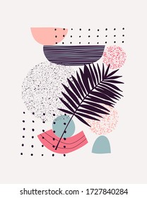Abstract natural geometrical elements vector poster. Creative collage in retro color. Organic, nature geometric shapes, palm leaf, doodles, grunge texture background. Cool cover design
