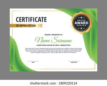 Abstract Natural Green Wavy Certificate Design, Professional Modern Certificate with Blurry Green Wavy Background and Golden Elements Template Vector