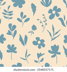 Abstract natural hand drawn botanical pattern with flowers, leaves, branches. floral nature background in vintage style. Simple monochrome modern illustrated design for fabric, print, cover, wallpaper