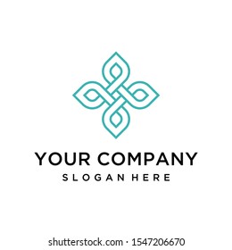 Abstract natural leaves medical cross shape logo design vector. Leaf ornament with line art style concept