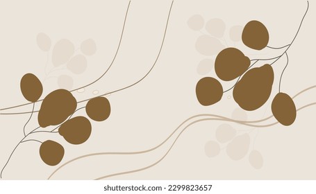 Abstract natural leaves template background, vector illustration,minimal Leaves and organic shapes on a banner in earthy pastel colors. Template with leaf and waves,design for wallpaper, invitation.