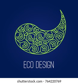 Abstract natural Linear logo. Green symbol Yin Yang on dark blue background. Vector sign for eco design. Alternative, Chinese medicine and wellness, zen meditation.