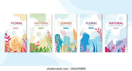 Abstract Natural Pages Set for Social Media Network. Mobile Application Wallpapers Kit with Exotic Flowers, Plants Leaves and Tropical Foliage. Vector Banner Templates. Vertical Mockup Illustration