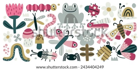 Abstract natural plants, flowers, mushroom and herbs, insects, beetles and frogs childish art set vector illustration. Caterpillar, butterfly, warm, spider, moth, midge, snail ladybug drawing element