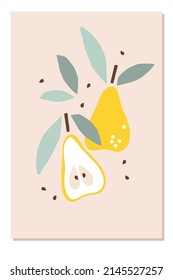 Abstract natural poster in pastel colors. Paper clipping elements. Summer tropical background with pears. Hand-drawn pears For poster, banner, cover, social networks, postcards, printing