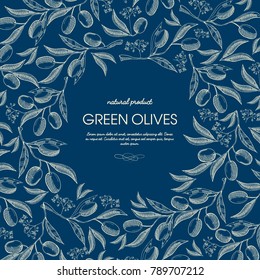 Abstract natural product sketch template with text and green olive branches on blue background vector illustration