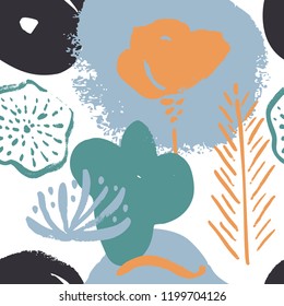 Abstract natural seamless pattern. Hand drawn with brush and ink. Vector flowers with tropical forest leaves, doodle, grunge texture. Hand painted scandinavian style illustration.