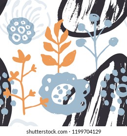 Abstract natural seamless pattern. Hand drawn with brush and ink. Vector flowers with tropical forest leaves, doodle, grunge texture. Hand painted scandinavian style illustration.