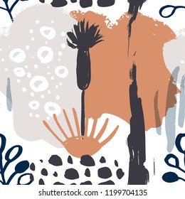 Abstract natural seamless pattern. Hand drawn with brush and ink. Vector flowers with tropical forest leaves, doodle, grunge texture. Hand painted scandinavian style illustration.