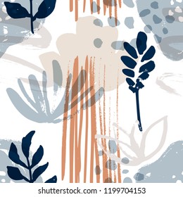 Abstract natural seamless pattern. Hand drawn with brush and ink. Vector flowers with tropical forest leaves, doodle, grunge texture. Hand painted scandinavian style illustration.