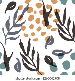 Abstract natural seamless pattern. Hand drawn with brush and ink. Vector flowers with tropical forest leaves, doodle, grunge texture. Hand painted scandinavian style illustration.