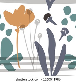 Abstract natural seamless pattern. Hand drawn with brush and ink. Vector flowers with tropical forest leaves, doodle, grunge texture. Hand painted scandinavian style illustration.