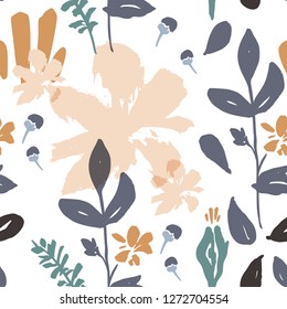 Abstract natural seamless pattern. Hand drawn with brush and ink. Vector flowers with tropical forest leaves, doodle, grunge texture. Hand painted scandinavian style illustration.