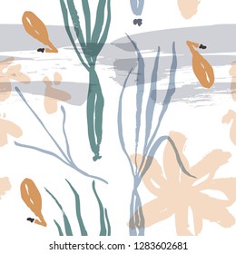 Abstract natural seamless pattern. Hand drawn with brush and ink. Vector flowers with tropical forest leaves, doodle, grunge texture. Hand painted scandinavian style illustration.