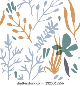 Abstract natural seamless pattern. Hand drawn with brush and ink. Vector flowers with tropical forest leaves, doodle, grunge texture. Hand painted scandinavian style illustration.