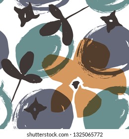 Abstract natural seamless pattern. Hand drawn with brush and ink. Vector flowers with tropical forest leaves, doodle, grunge texture. Hand painted scandinavian style illustration.