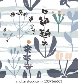 Abstract natural seamless pattern. Hand drawn with brush and ink. Vector flowers with tropical forest leaves, doodle, grunge texture. Hand painted scandinavian style illustration.