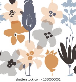 Abstract natural seamless pattern. Hand drawn with brush and ink. Vector flowers with tropical forest leaves, doodle, grunge texture. Hand painted scandinavian style illustration.
