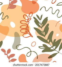 abstract natural seamless pattern in natural shades. background with spots, lines and plants trending earth colors. Red, yellow and green color template