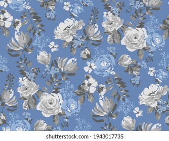 abstract natural  seamless summer  pattern. Roses flower and blossoms, with small flower elements. Fabric texture print. grey floral and leaves on a pastel blue background,