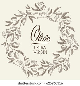 Abstract natural sketch light poster with text and round wreath of olive branches in vintage style vector illustration