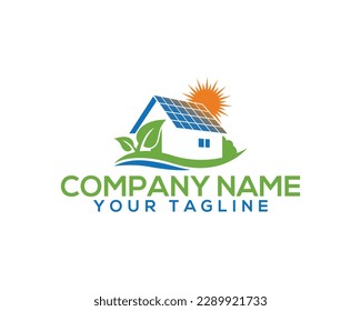 Abstract natural solar energy and home  logo design. Sun, leaf, Solar panel and house premium vector illustration.