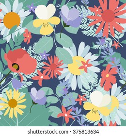 Abstract Natural Spring Seamless Pattern Background with Flowers and Leaves. Vector Illustration EPS10