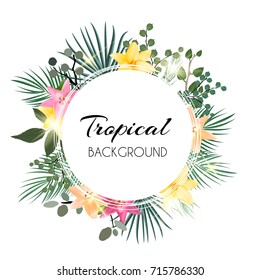 Abstract Natural Tropical Frame Background with Palm and other Leaves and Lily Flowers. Vector Illustration EPS10