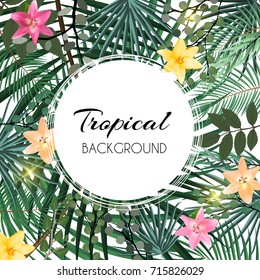 Abstract Natural Tropical Frame Background with Palm and other Leaves and Lily Flowers. Vector Illustration EPS10