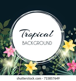 Abstract Natural Tropical Frame Background with Palm and other Leaves and Lily Flowers. Vector Illustration EPS10