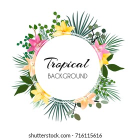 Abstract Natural Tropical Frame Background with Palm and other Leaves and Lily Flowers. Vector Illustration EPS10