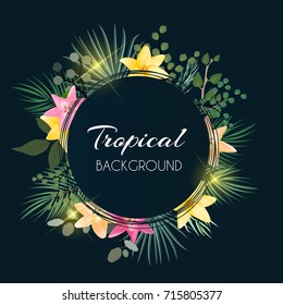 Abstract Natural Tropical Frame Dark Background with Palm and other Leaves and Lily Flowers. Vector Illustration EPS10