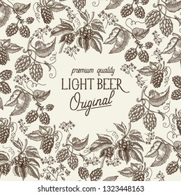 Abstract natural vintage light background with text and beer hop herbal plants in sketch style vector illustration